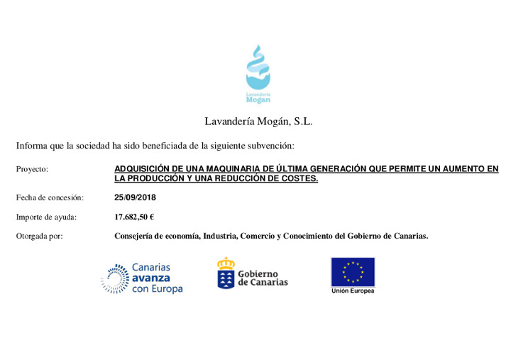 Lavandería Mogán obtiene subvención del Gobierno de Canarias