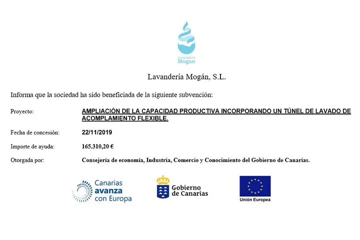 Comunicado de la subvención para maquinaria