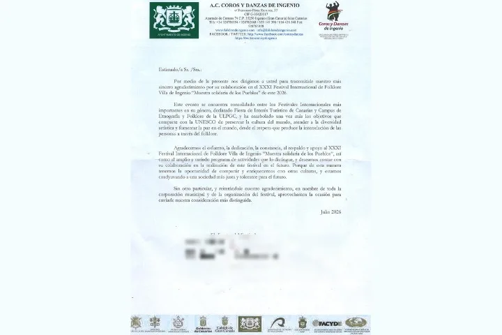 Carta de agradecimiento del XXXI Festival Internacional de Folklore Villa de Ingenio a Lavandería Mogán