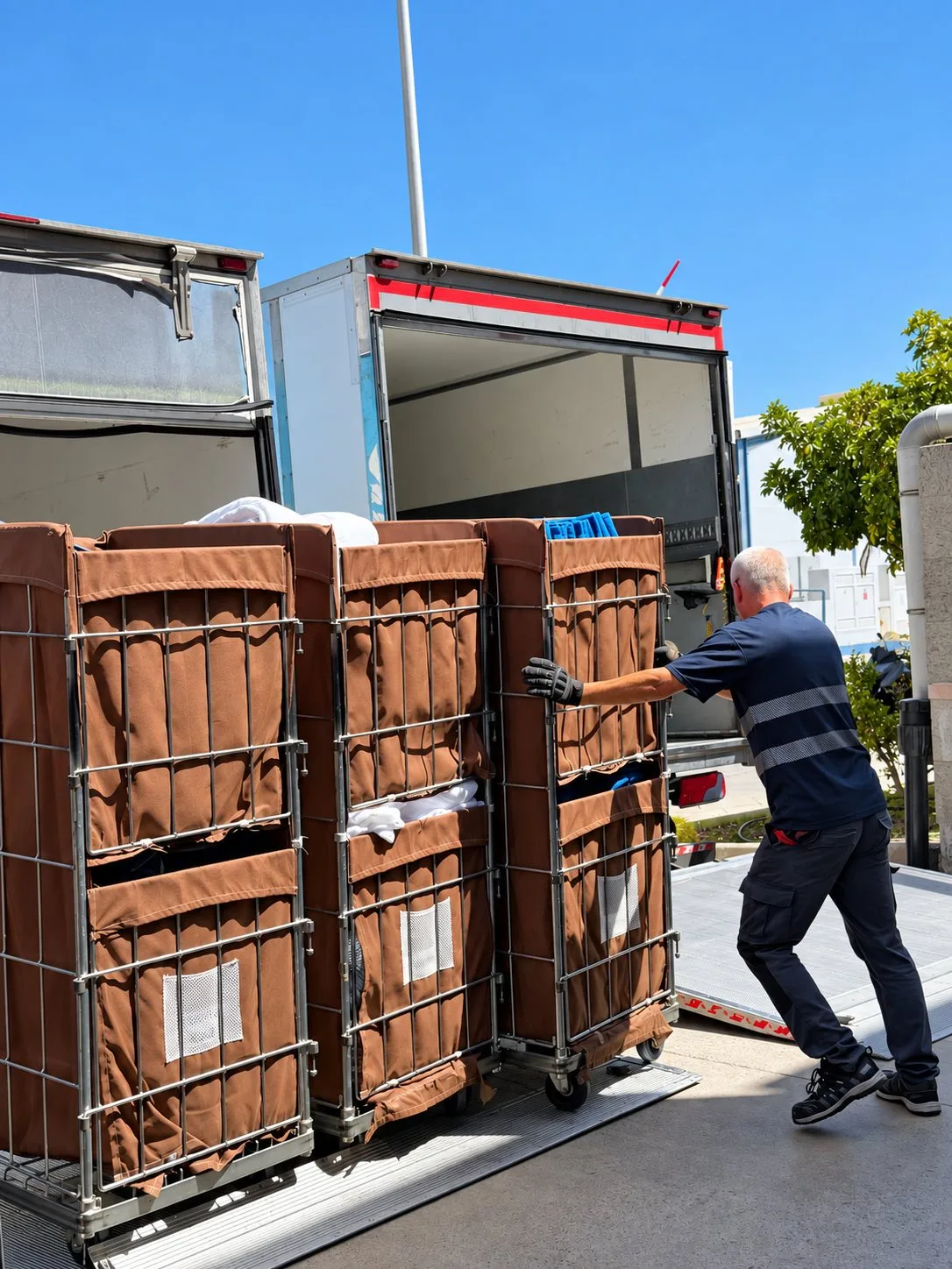 Chófer de Lavandería Mogán entregando los carros en el hotel