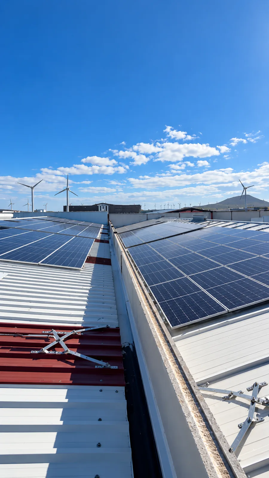 Instalación fotovoltaica de Lavandería Mogán con aerogeneradores al fondo