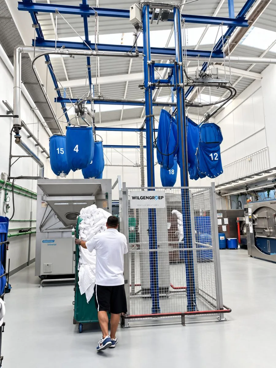 Sistema aéreo de transporte de ropa en la planta